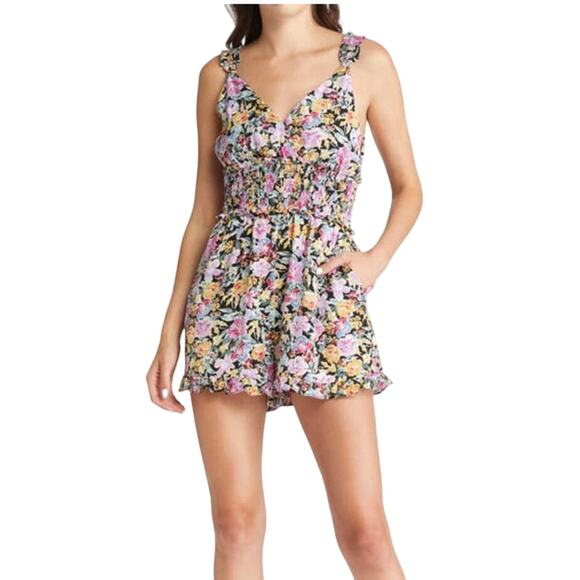 Floret Studios SMOCKED FLORAL ROMPER IN BLACK PINK FLORAL Size XL - Picture 1 of 8
